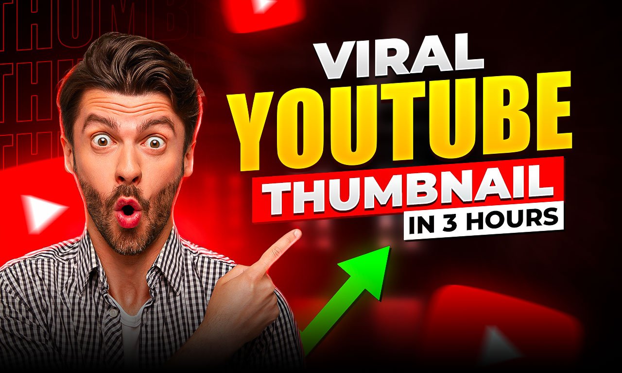 YouTube thumbnail design — a surprised presenter pointing at a rising green arrow over bold red and yellow lettering.