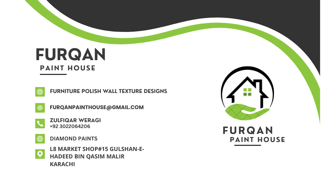 Business card design for Furqan Paint House — a green wave across charcoal and white with a house-and-hand logo.
