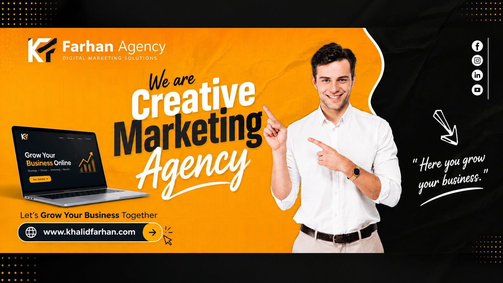 Marketing agency banner design — bold orange and black layout with a smiling presenter pointing at the call to action.