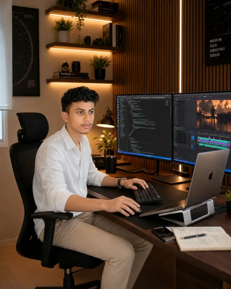 Syed Naqi Muntazir seated at his studio desk, working between an open code editor and a video timeline