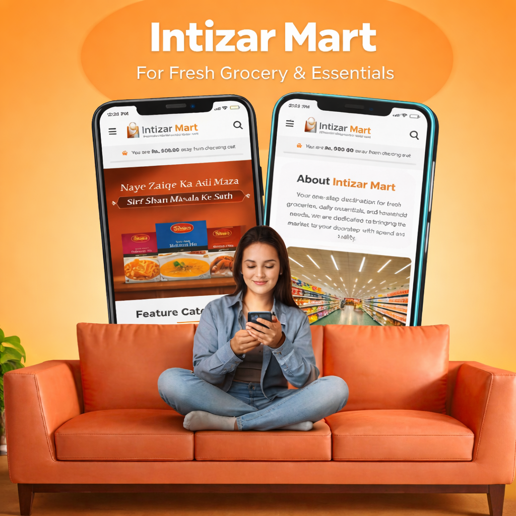 Intizar Mart ad frame — a woman on an orange sofa using her phone beside two mockups of the grocery store site.