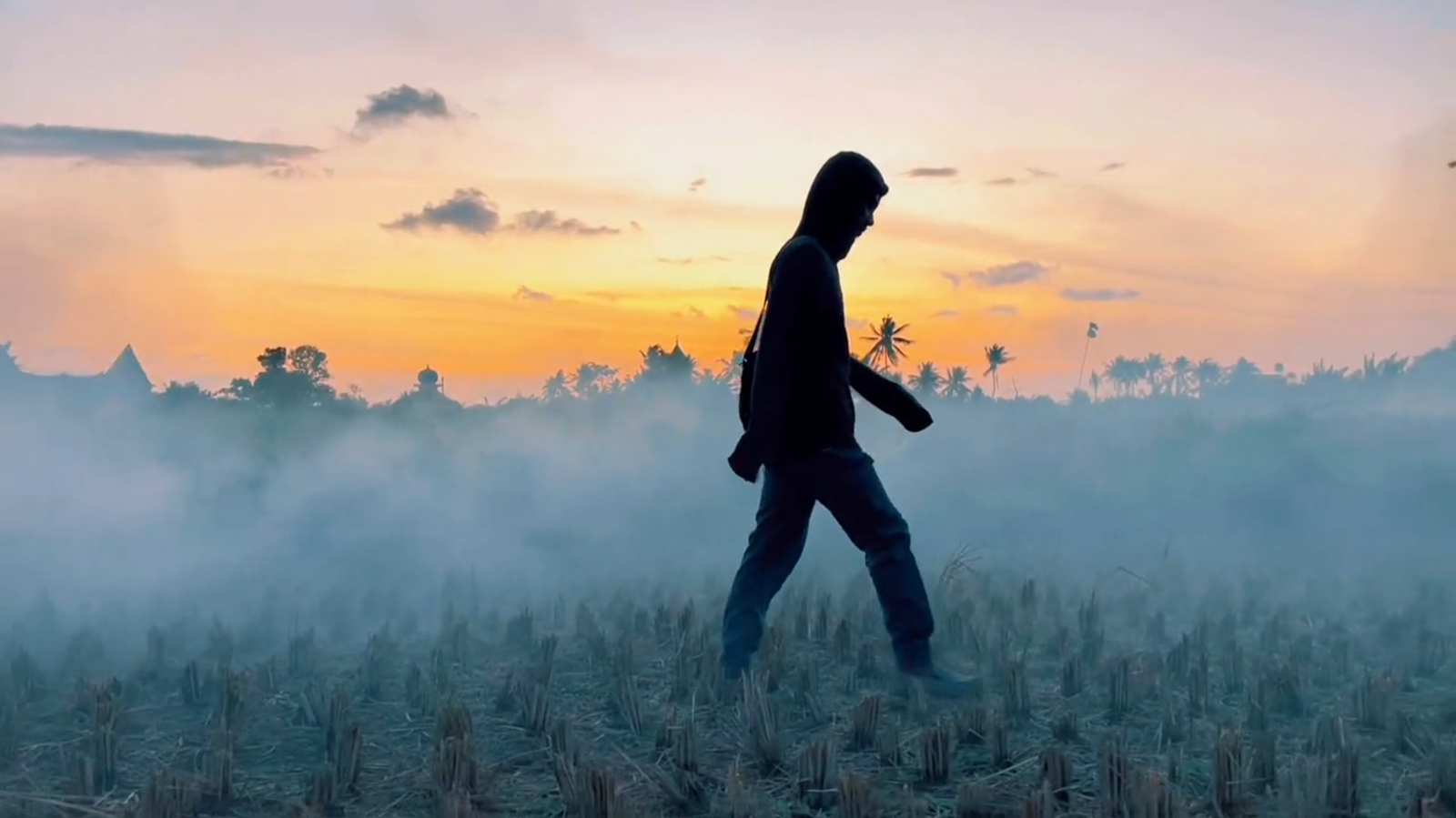 Silhouette of a person walking through low mist in a harvested field at sunset, palms and a domed roofline behind.